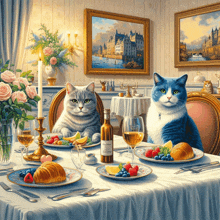 two cats sit at a table with plates of food and a bottle of wine