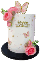 a white birthday cake with pink flowers and butterflies and the words happy birthday