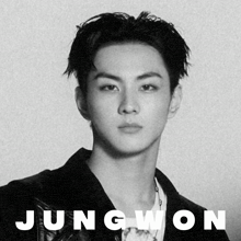 a black and white photo of a young man with the name jungwon above him