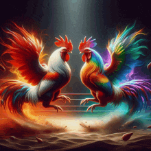 two colorful roosters standing next to each other in a boxing ring