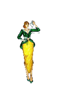 a drawing of a woman wearing a yellow skirt and green jacket