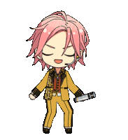 a cartoon character with pink hair and purple eyes wearing a yellow suit