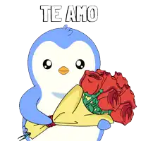 a penguin is holding a bouquet of red roses and the words te amo are above it