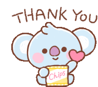 a koala bear holding a bag of chips with the words thank you written below it