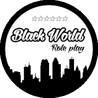 black world role play logo with a city skyline in the background