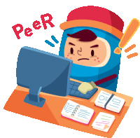 a cartoon of a man sitting at a desk with a computer and the word peer written above him