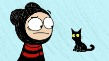 a cartoon drawing of a person and a cat with yellow eyes