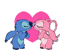 a couple of cartoon characters kissing in front of a pink heart