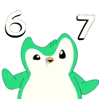 a green and white penguin with the number 6 and 7 above its head