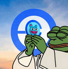 a cartoon of a frog holding a blue and white circle with a frog inside of it