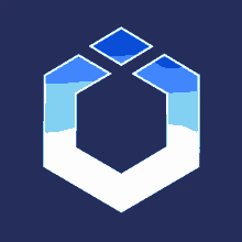 a blue and white logo with a cube in the middle