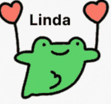 a green frog is holding two red hearts and the word linda is above it