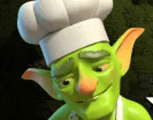 a cartoon goblin wearing a chef 's hat and apron .