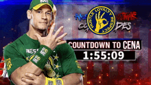 a man in a green shirt is standing in front of a sign that says " countdown to cena "