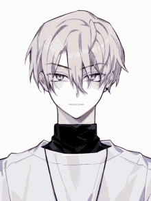 a boy with white hair is wearing a black turtleneck