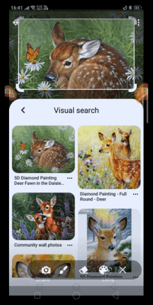 a phone screen shows a visual search for deer