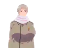 a man with a scarf around his neck and a badge on his jacket