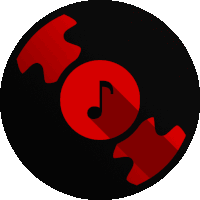 a black circle with a red music note inside of it