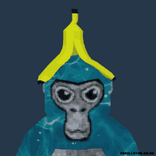 a gorilla with a banana on its head and the website gorillatag.co.uk below it