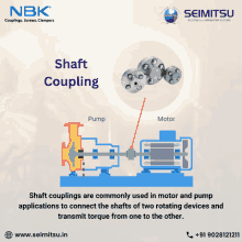 shaft couplings are commonly used in motor and pump applications to connect shafts of two rotating devices and transmit torque from one to the other