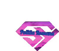 a logo for politia romana shows a purple diamond with mountains in the background