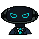 a cartoon of a robot wearing a suit and tie with a mask on his face .