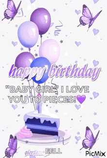a birthday card for a baby girl with balloons and butterflies .