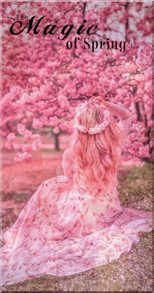 a woman in a pink dress sits under a cherry blossom tree with the words " the magic of spring " below her