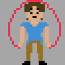 a pixel art of a man in a blue shirt and brown pants with a red circle around his head .