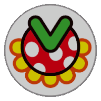 a circle with a red circle with white polka dots and a green v in the middle