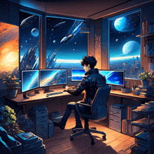 a man sits at a desk with three computer monitors in front of a window