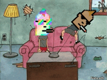 a cartoon of a man sitting on a couch with a pixelated head that says ' fisto.eth '