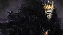 a skull with a crown on its head is wearing a black cloak .