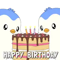 a happy birthday card with two penguins blowing out candles