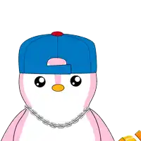 a penguin wearing a blue hat and chain holds a bottle of juice