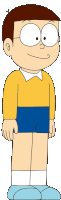 a cartoon character with brown hair and glasses is wearing a yellow shirt and blue shorts