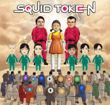 a poster for squid token shows a group of basketball players and a doll