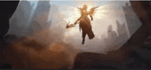 a woman with wings is flying through the air with a sword .