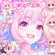 a girl with pink hair and purple eyes is surrounded by hearts and the word picmix
