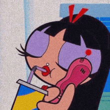 a cartoon girl is drinking through a straw while talking on a cell phone