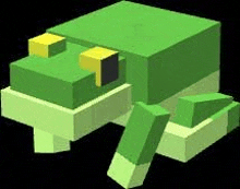 a green frog made out of green blocks with yellow eyes and a black background .