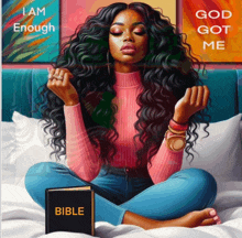 a woman sits on a bed next to a bible