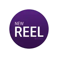 a purple circle with the words new reel in white letters