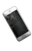 a cell phone with a cracked screen and a small button