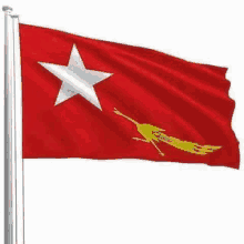 a red flag with a white star and a bird on it is flying in the wind on a pole .