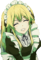 a girl with blonde hair and green hair is wearing a maid costume