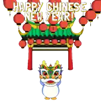a penguin is holding a banner that says happy chinese new year !