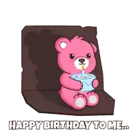 a pink teddy bear holding a birthday cake with a candle and the words happy birthday to me