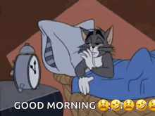 a cartoon cat is laying in bed next to an alarm clock with the words `` good morning '' written on it .