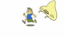 a cartoon drawing of a boy running away from a bird